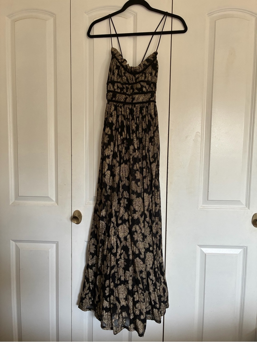 Free people, Charlie Bustier Black & Gold Floral Maxi Dress w/ Spaghetti Straps